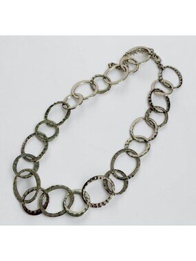 Gold Tone Rings Chain Necklace Vintage Hammered Loop Links Elegant Modernist